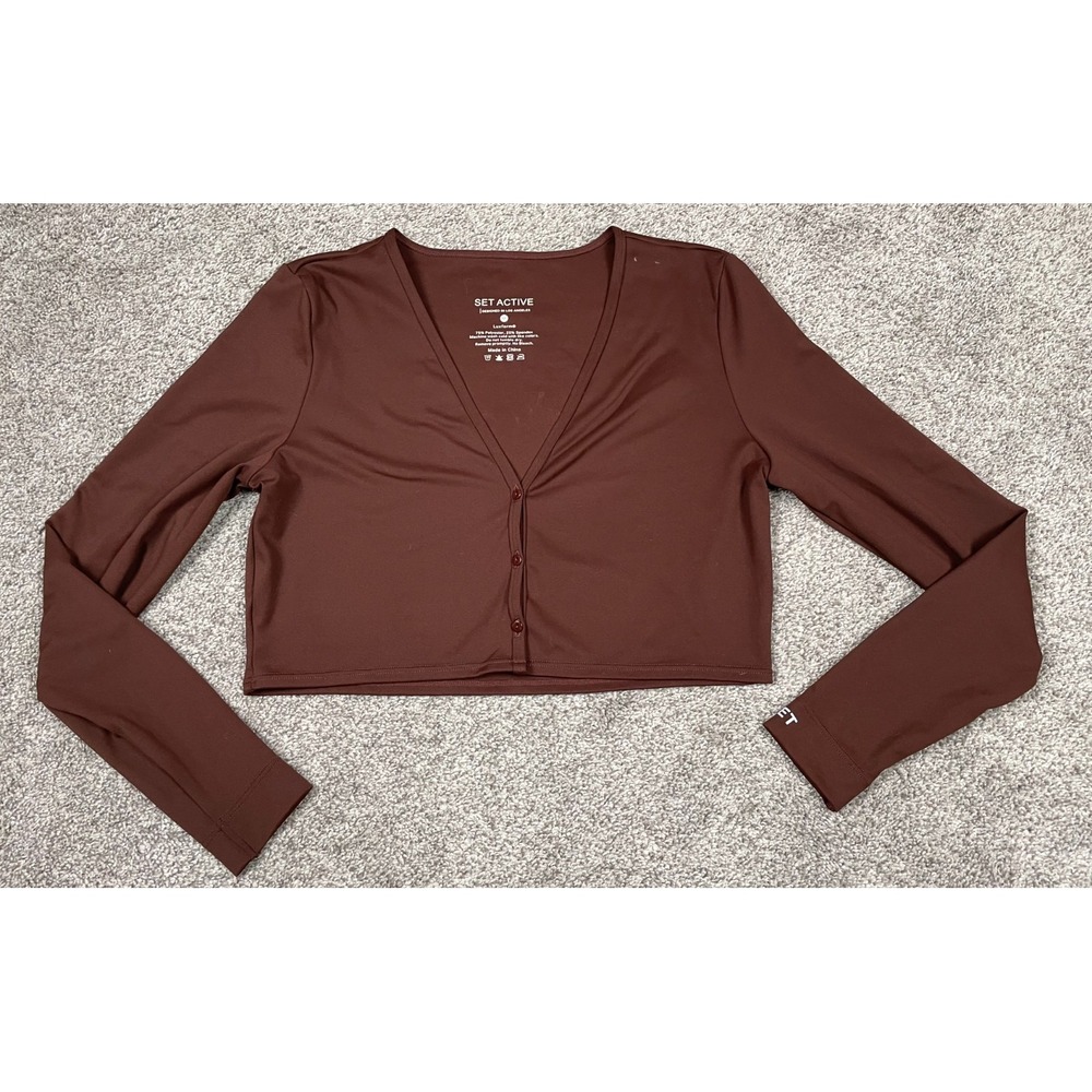 Set Active Shirt Womens Medium Brown Cropped Button Down Luxform Sporty Gym Top